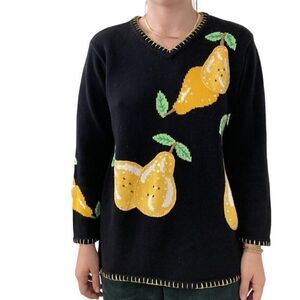 Vintage Y2K Womens The Quacker Factory Lemon Fruit Beaded V Neck Sweater Sz S